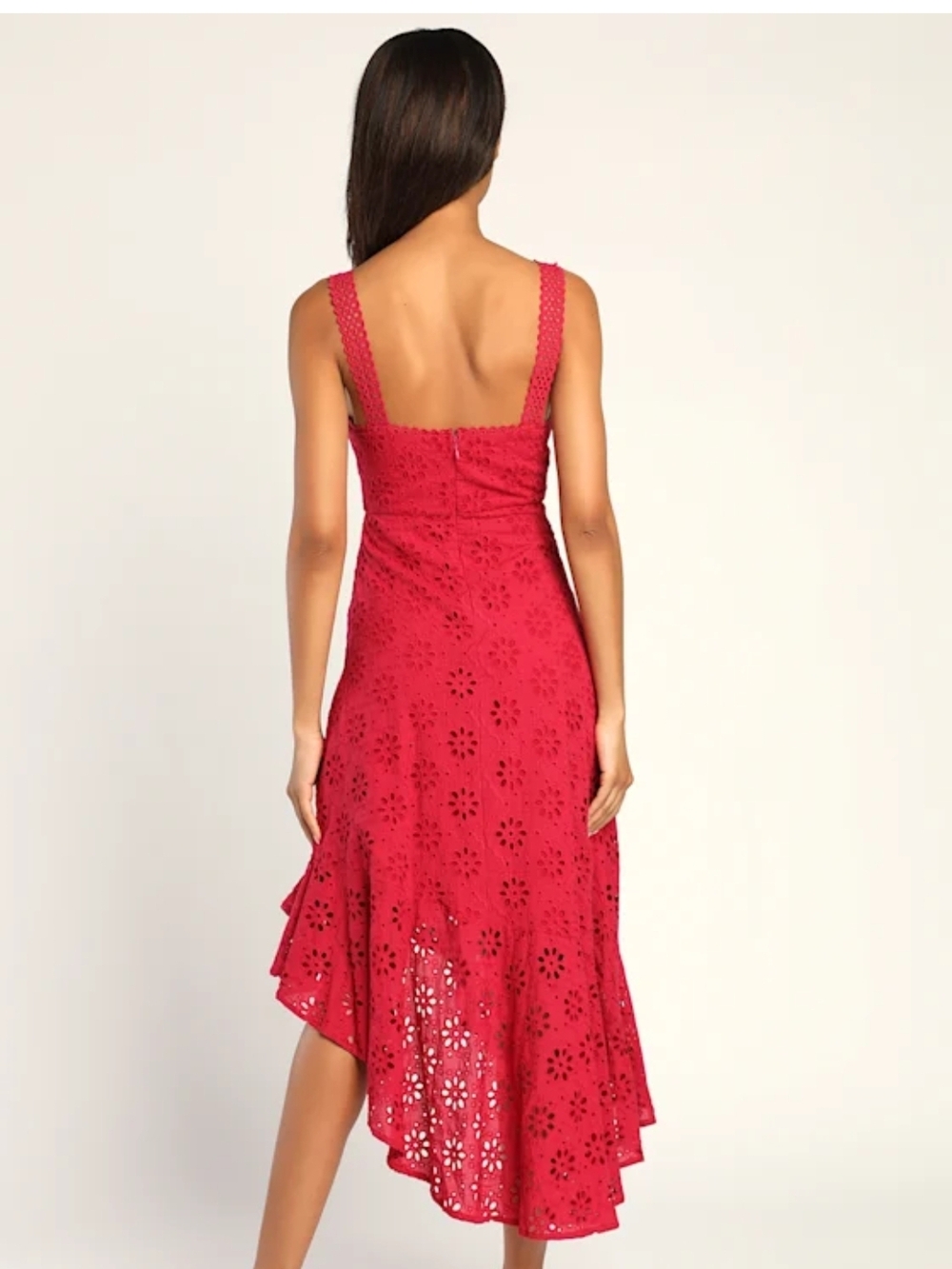 Lulu's Crimson Eyelet Asymmetrical Midi Dress Medium - Picture 4 of 15